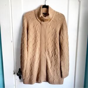 Talbots Cable Knit Long Line Camel Wool Cashmere Blend Sweater Cardigan Buckle M